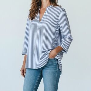 L.L.Bean 100% LINEN STRIPE LS TUNIC TOP Large COASTAL GRANDMA Blue White FLOWY